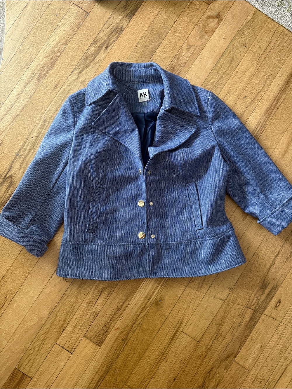 NWT Ann Klein Blazer, blue wool-blend twill, gold snap buttons and pockets